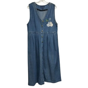 Vintage Jane Ashley 100% Cotton Blue Christmas Cats Denim Maxi Dress Size XL